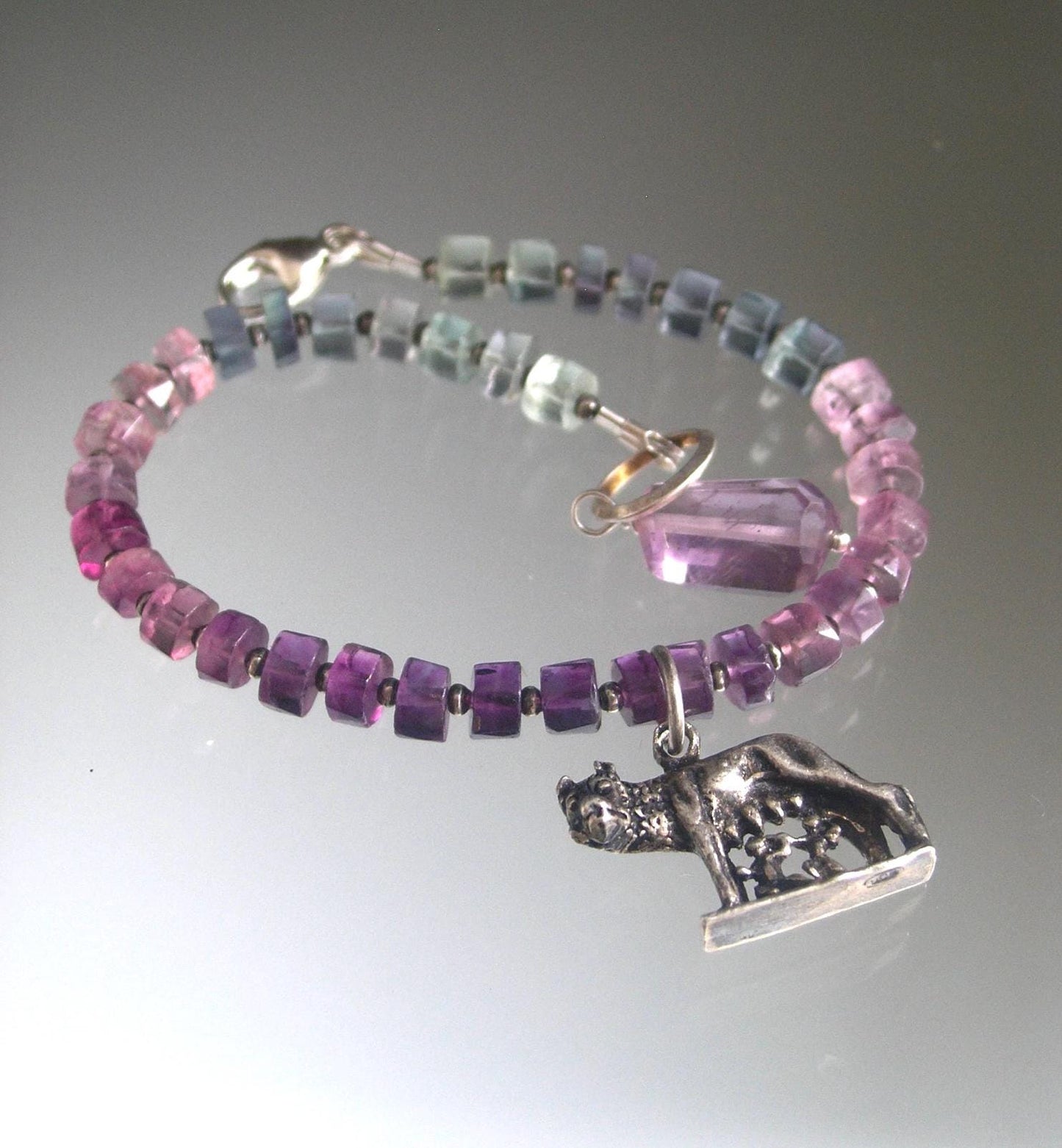 Fluorite Bracelet w/ Vintage Sterling Romulus & Remus Wolf Charm