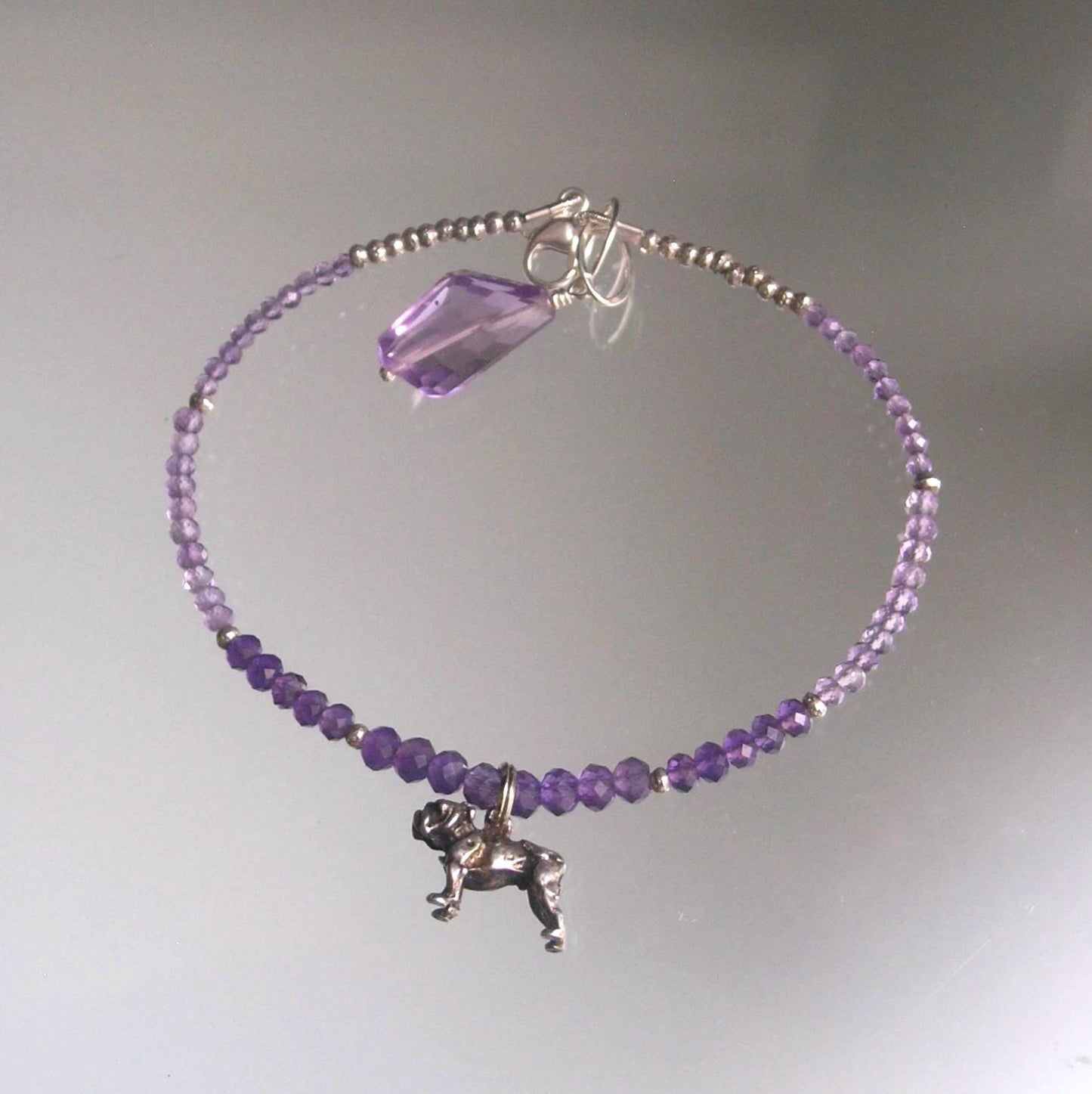 Amethyst Beaded Bracelet w/ Vintage Sterling Silver Bulldog Charm