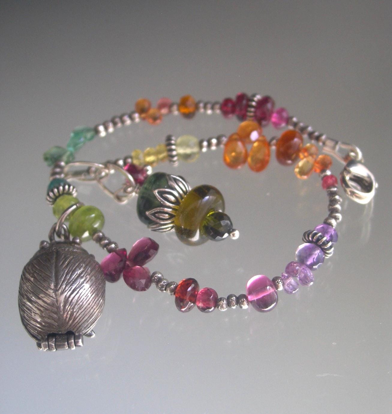 Multi Gemstone Sterling Bracelet w/ Vintage Beatles Charm Opens to the Fab Four