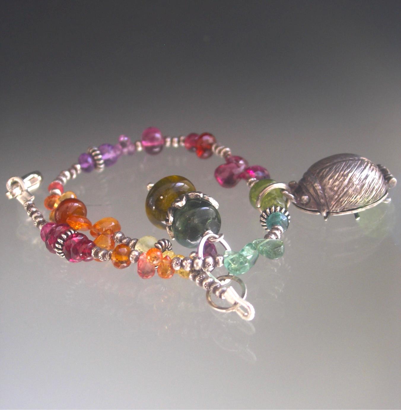 Multi Gemstone Sterling Bracelet w/ Vintage Beatles Charm Opens to the Fab Four