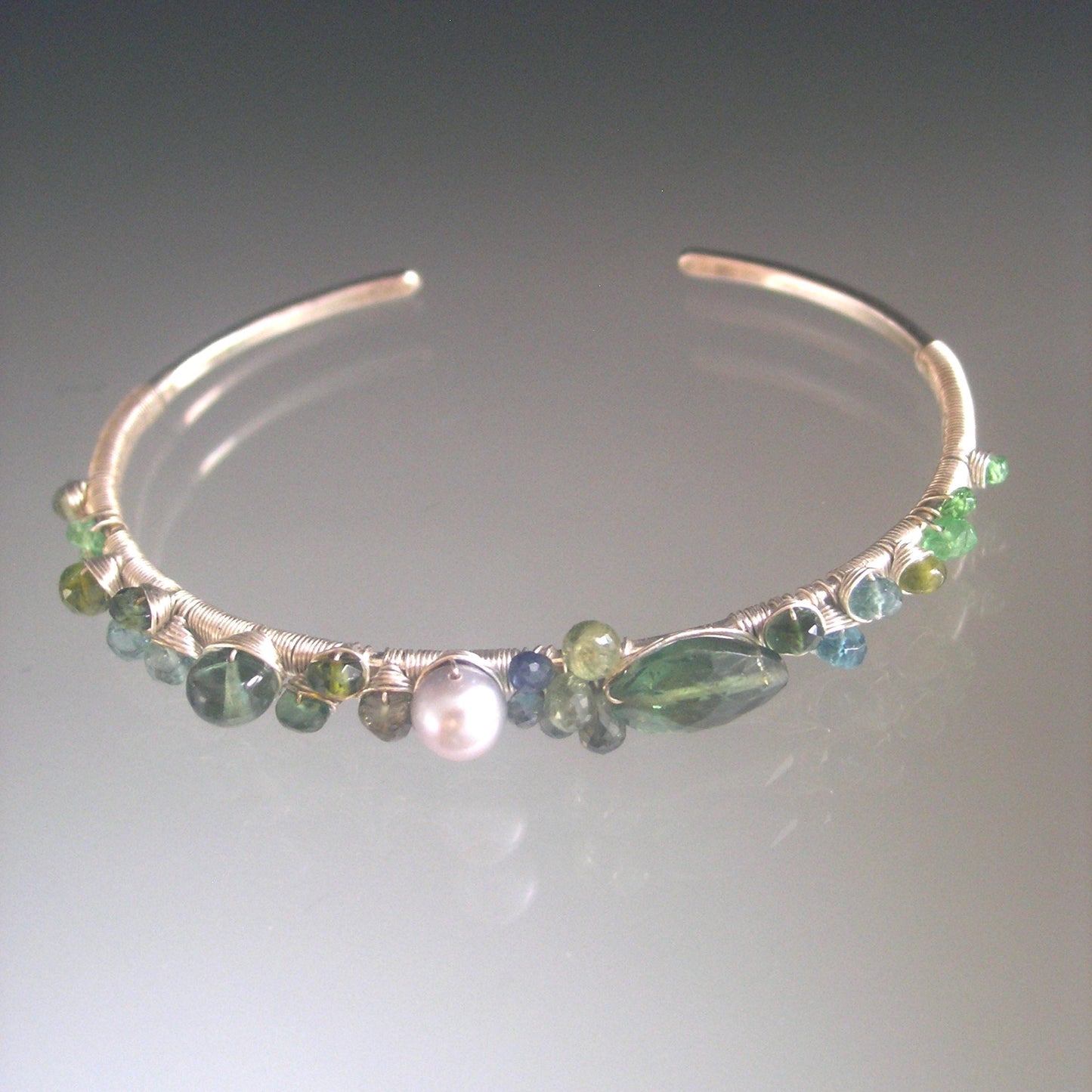 Green Sapphires Apatite Sterling Hand Forged Cuff