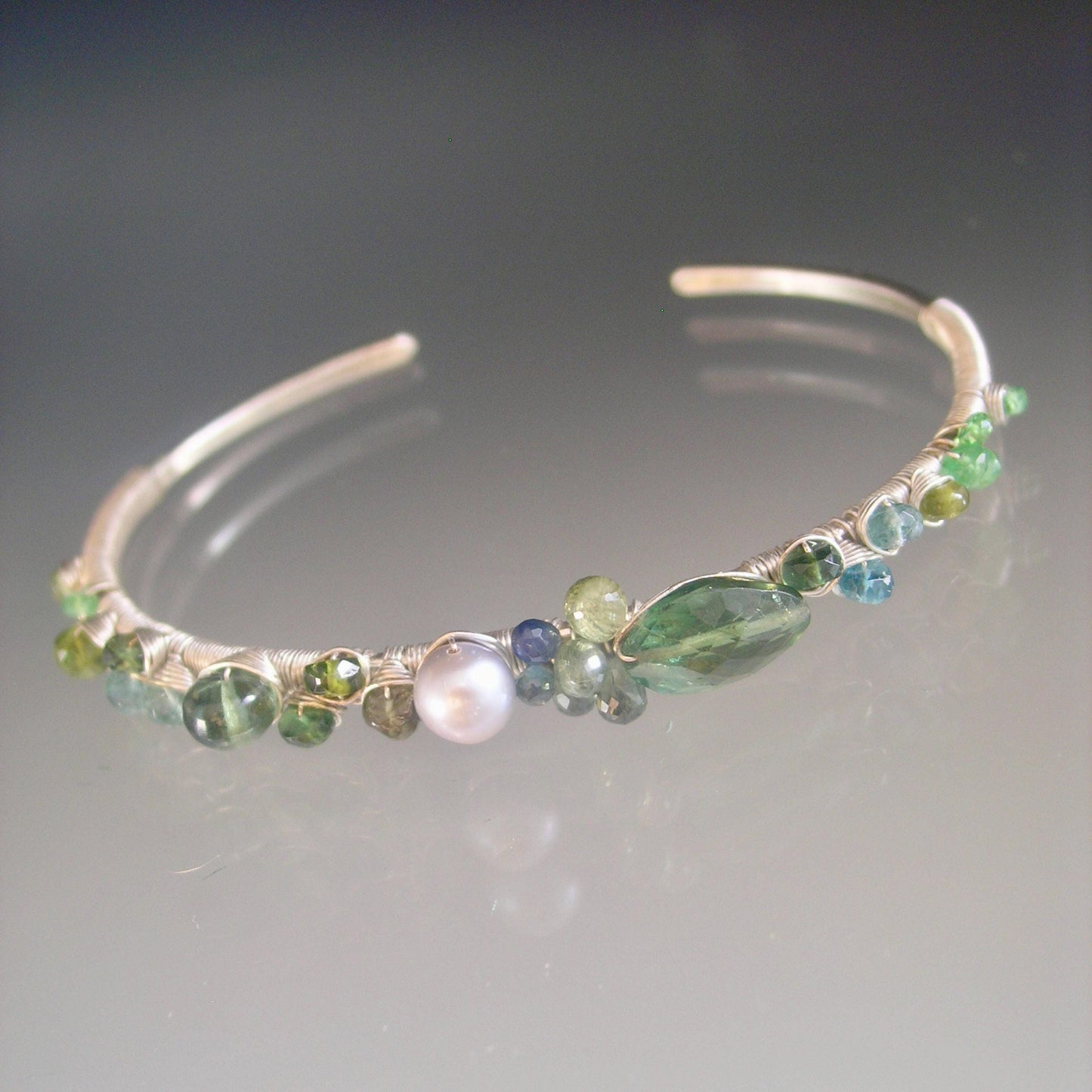 Green Sapphires Apatite Sterling Hand Forged Cuff