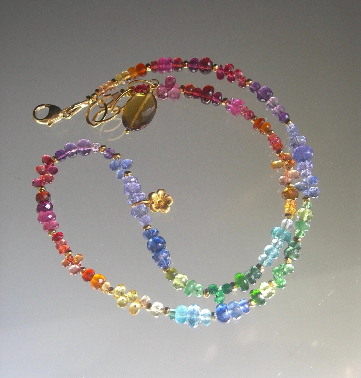 Rainbow Gemstone Vermeil Beaded Choker Necklace w/ Flower Charm