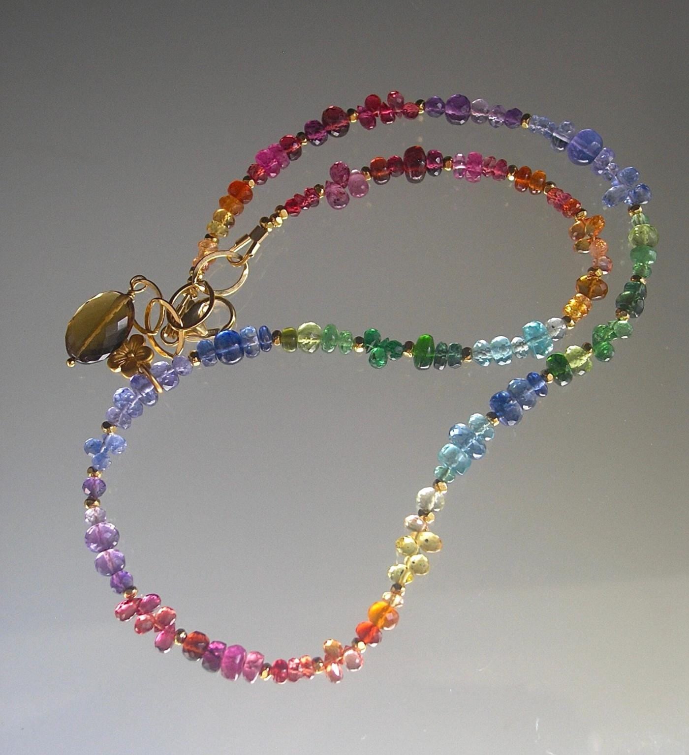 Rainbow Gemstone Vermeil Beaded Choker Necklace w/ Flower Charm