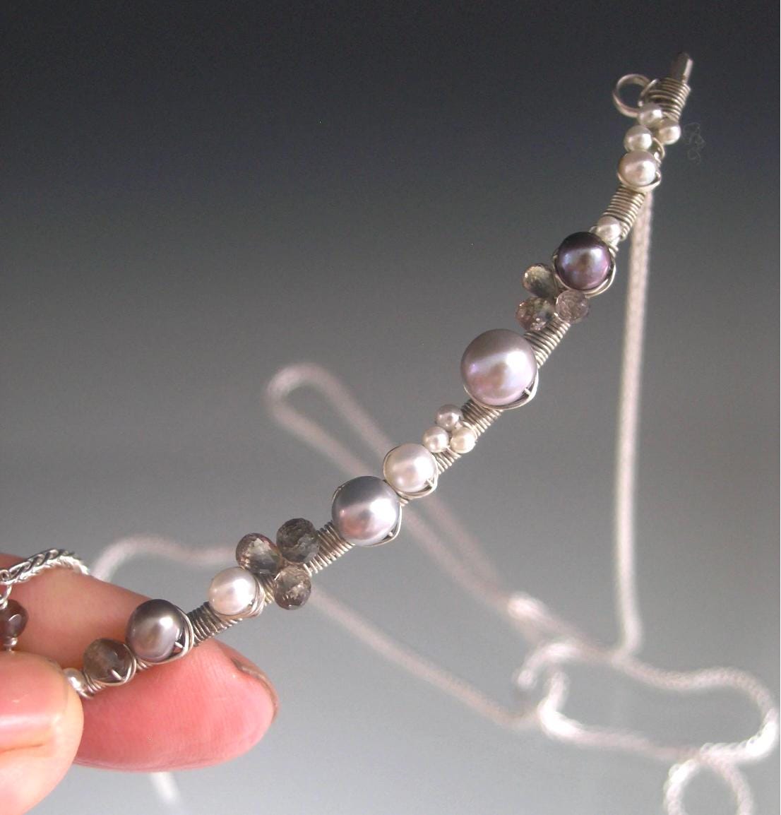 Sterling Silver Pearl Bar Necklace w/ Sapphires