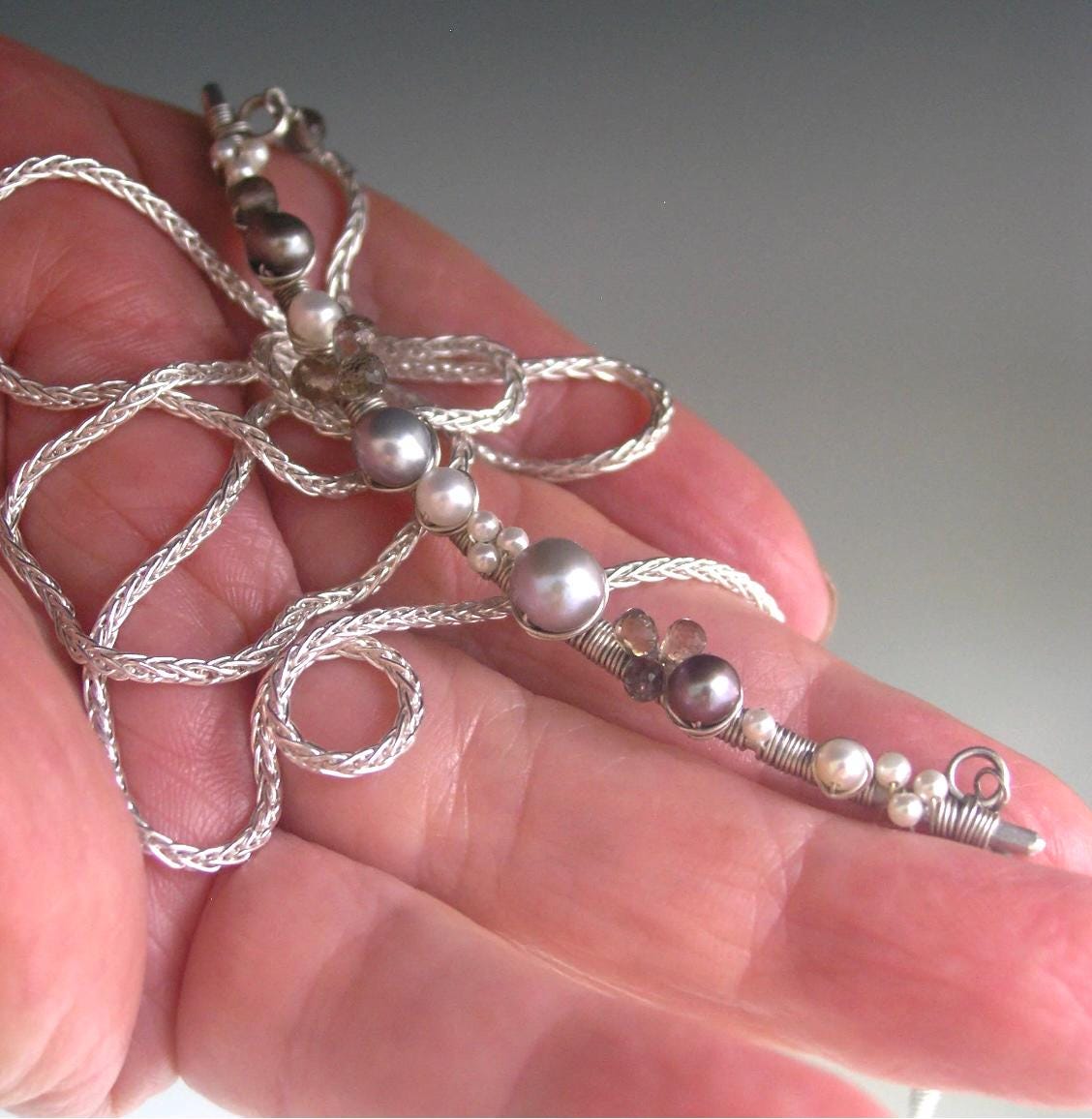 Sterling Silver Pearl Bar Necklace w/ Sapphires