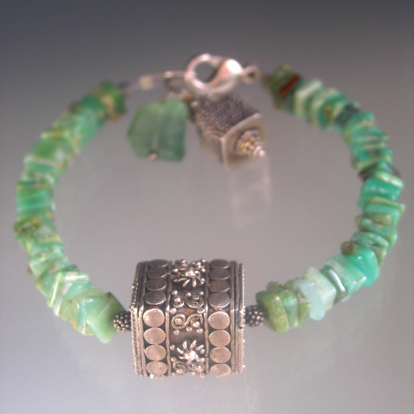 Chrysoprase and Sterling Silver Chunky Bracelet w/ Large Bali Ornate Bead