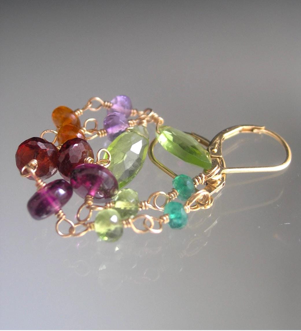 Multi Gemstone Linear Linked Earring Lever Backs 3 3/4”