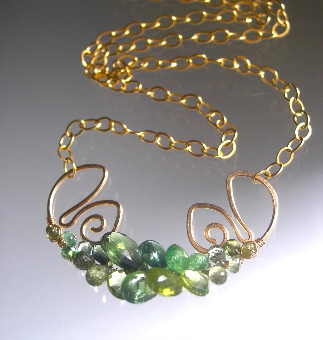 Green Gemstone Sculptural Gold Filled Lotus Necklace
