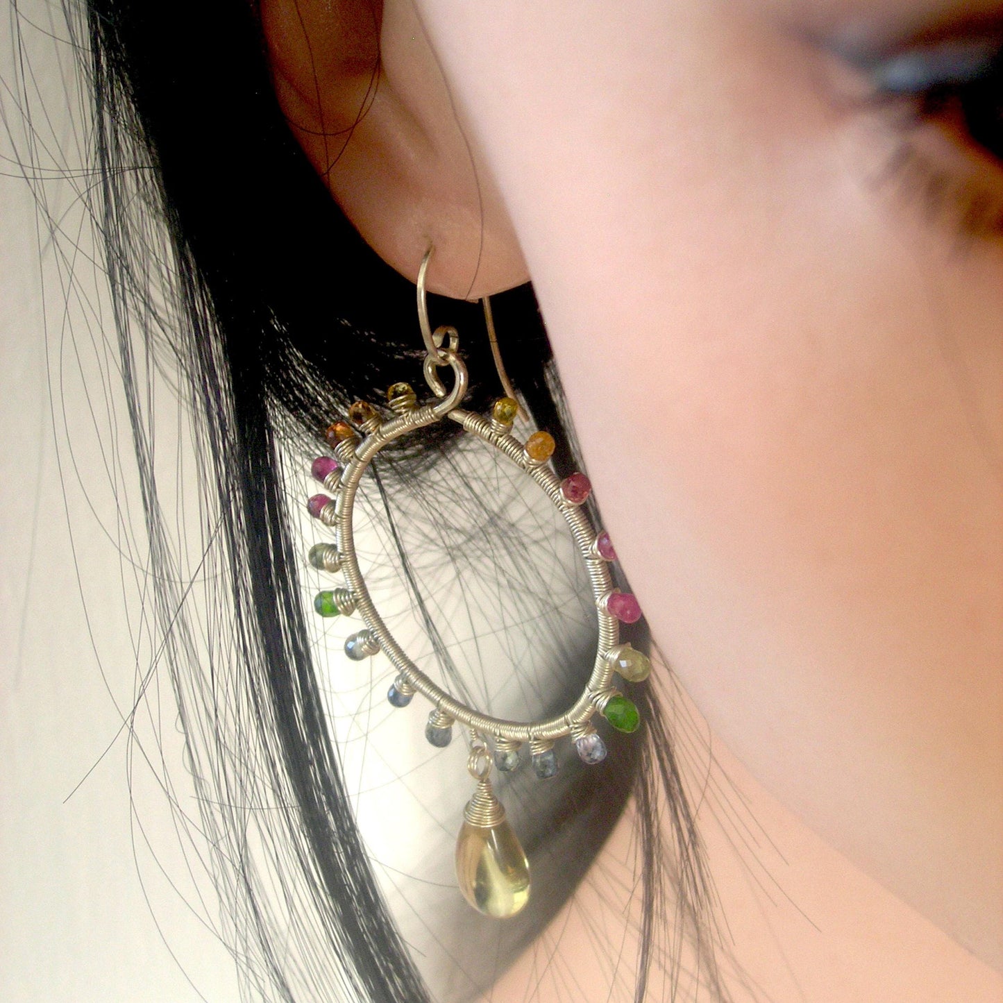 Multi Sapphire Sunburst Sterling Silver Hoops