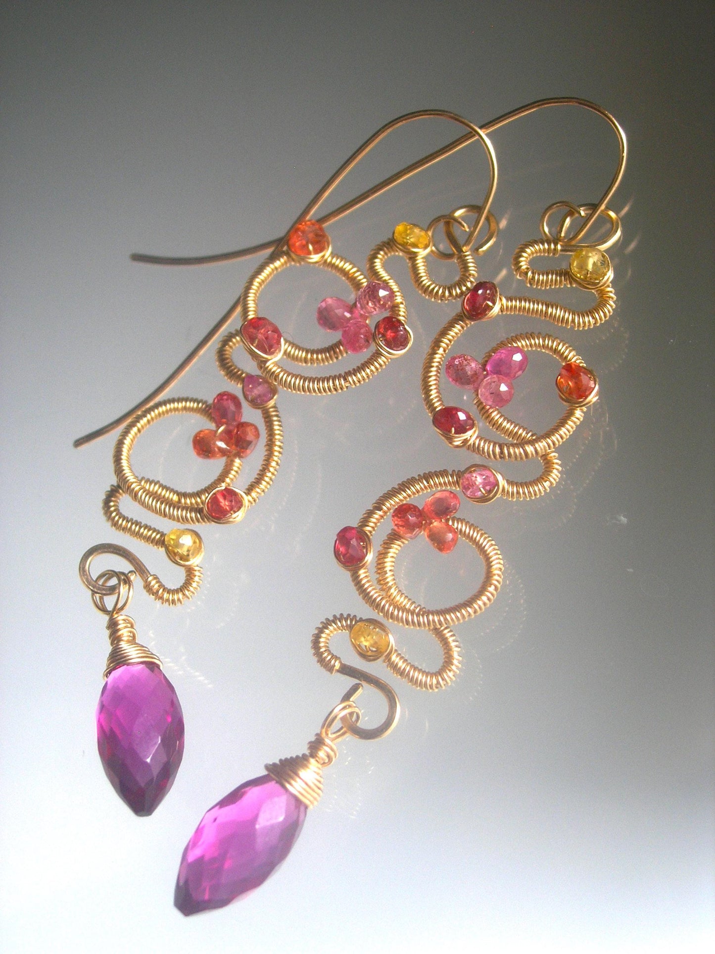 14k Gold Filled Pink Sapphire Sculptural Earrings 3 1/4”