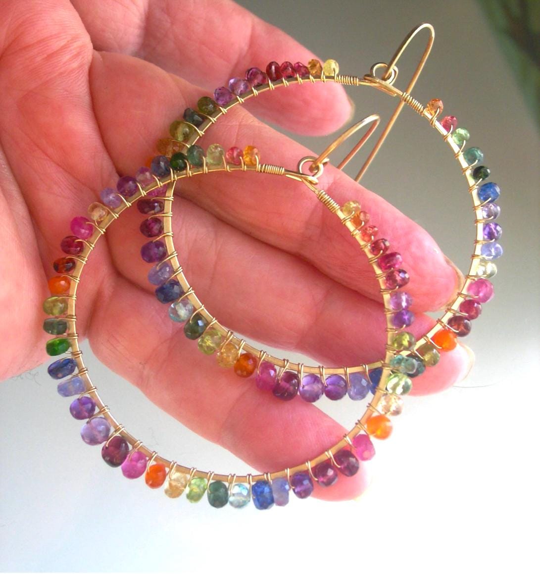14k Gold Filled Front Facing Multi Gemstone Hoop Earrings
