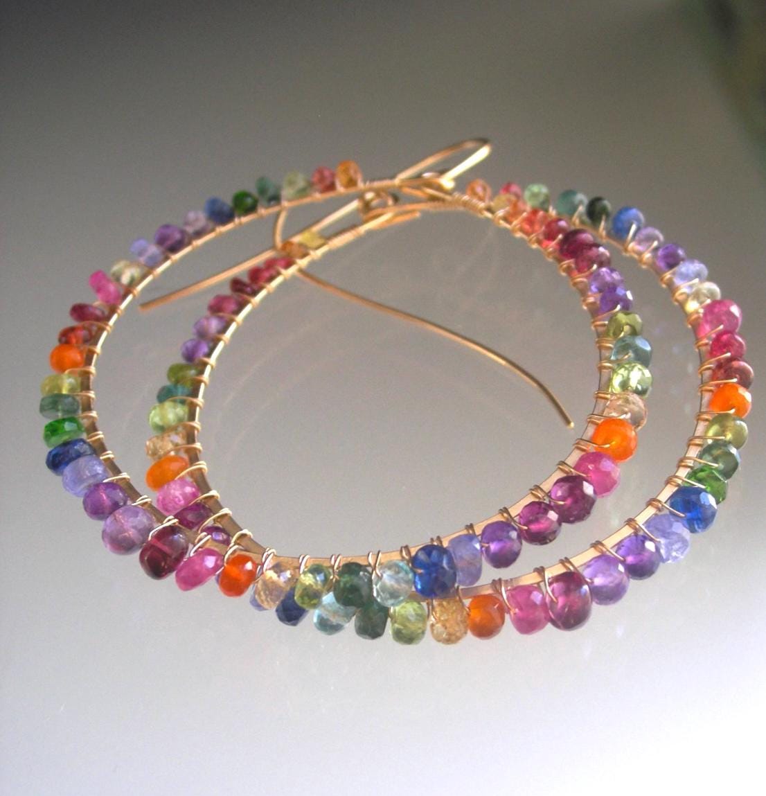 14k Gold Filled Front Facing Multi Gemstone Hoop Earrings