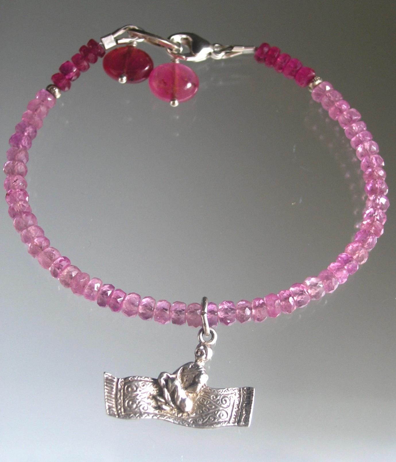 Pink Sapphire Bracelet w/ Vintage 3-D Man on Magic Flying Carpet Charm