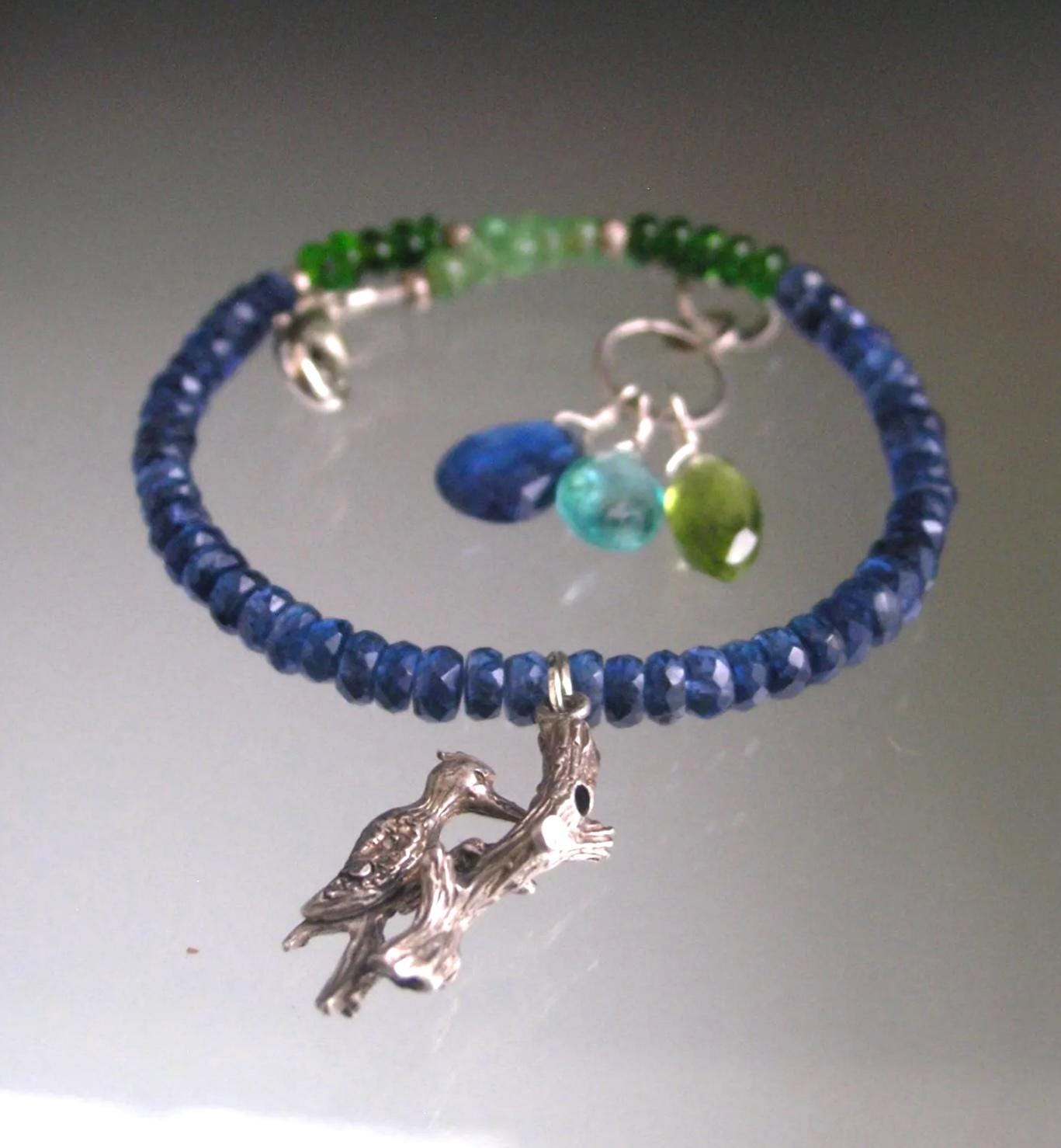 Kyanite Bracelet w/ Vintage Movable Sterling Woodpecker Charm