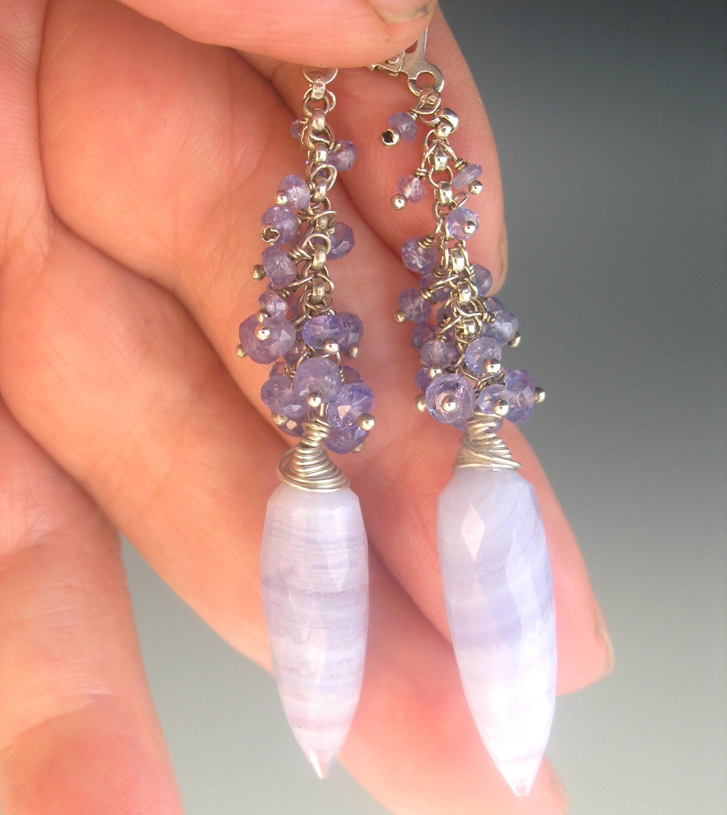 Blue Lace Agate Tassel Earrings w/ Tanzanite Sterling Silver Lever Backs