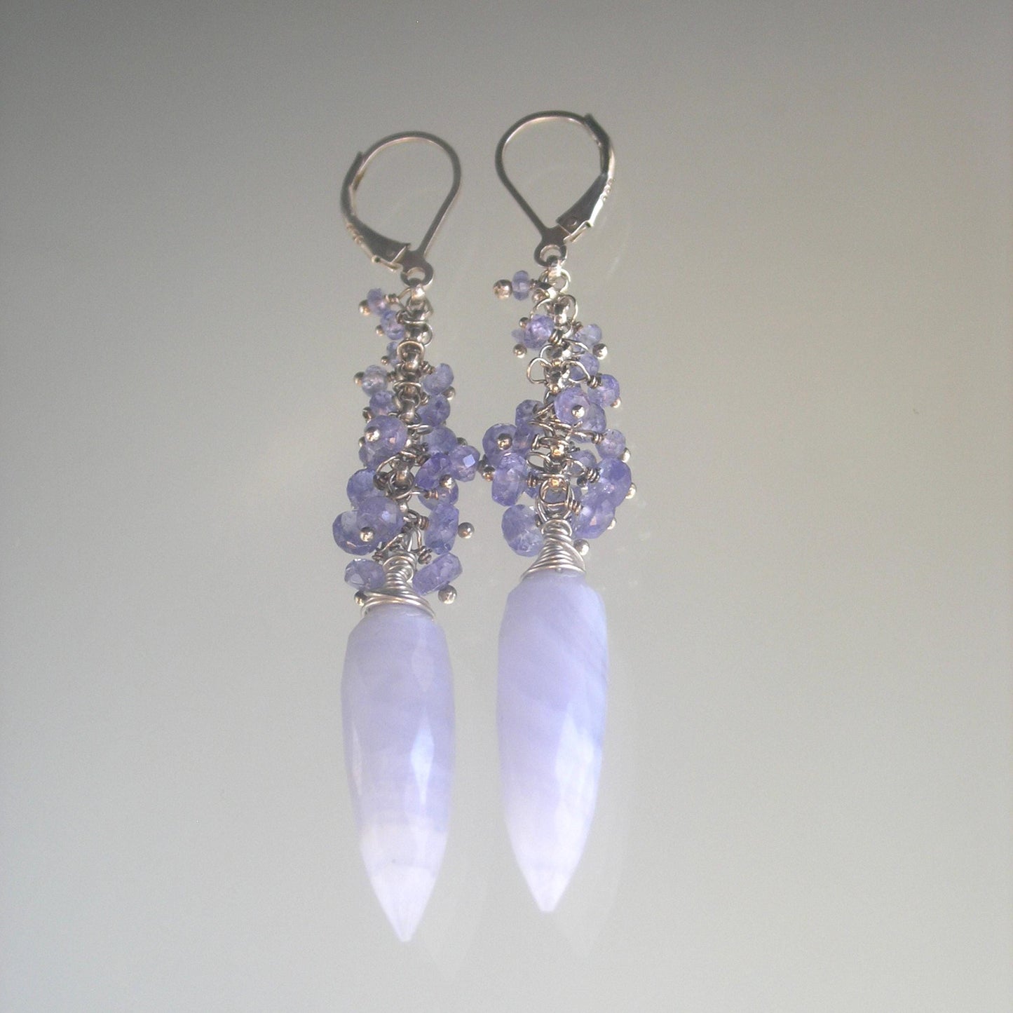 Blue Lace Agate Tassel Earrings w/ Tanzanite Sterling Silver Lever Backs