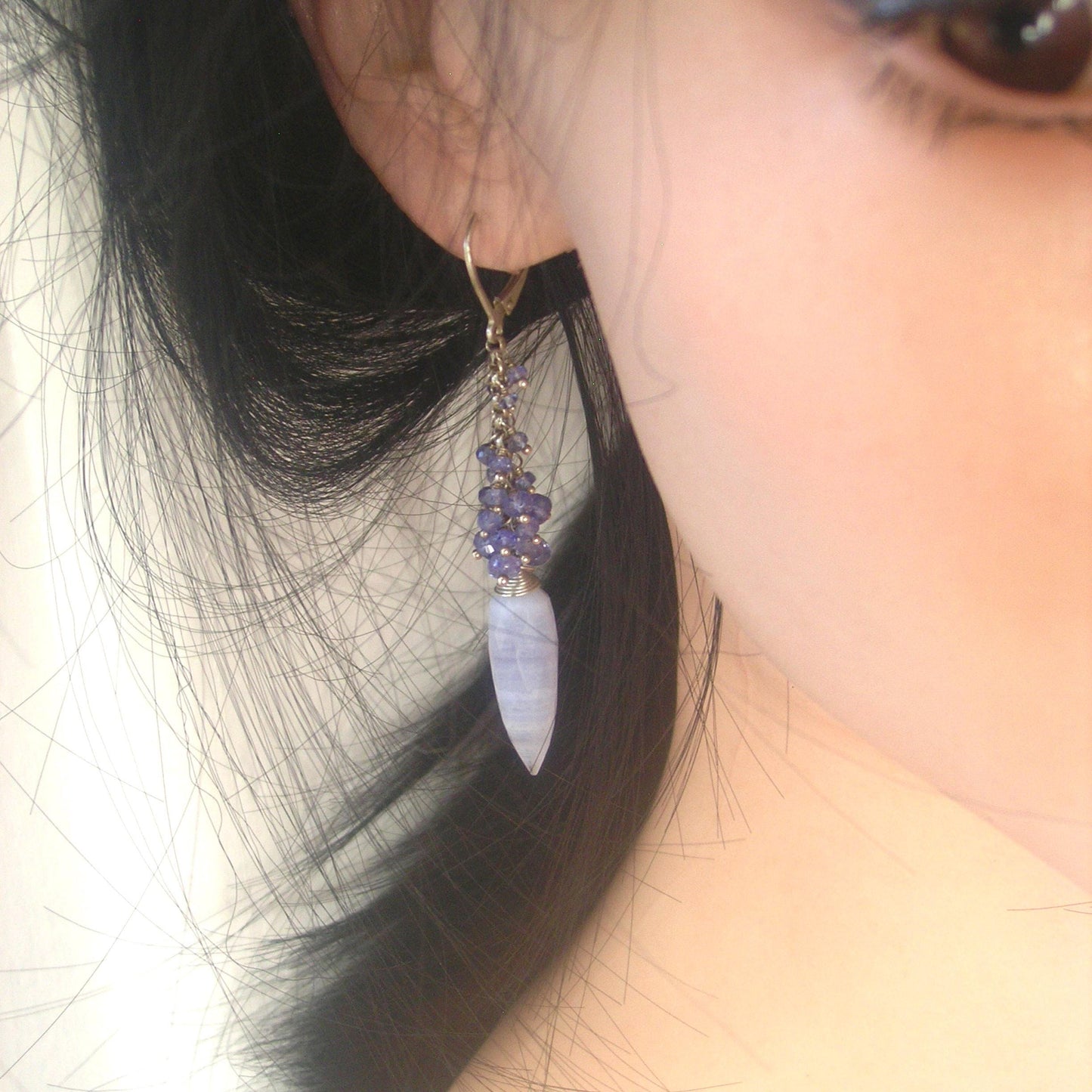 Blue Lace Agate Tassel Earrings w/ Tanzanite Sterling Silver Lever Backs