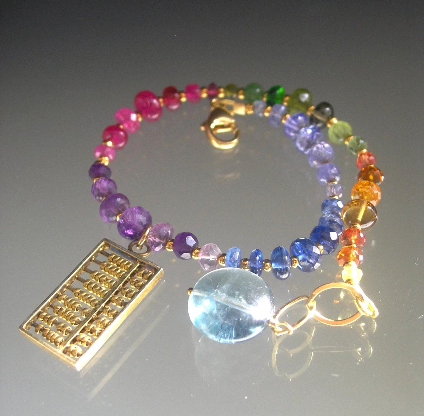 Rainbow Gemstone Vermeil Bracelet w/ Vintage Abacus Charm
