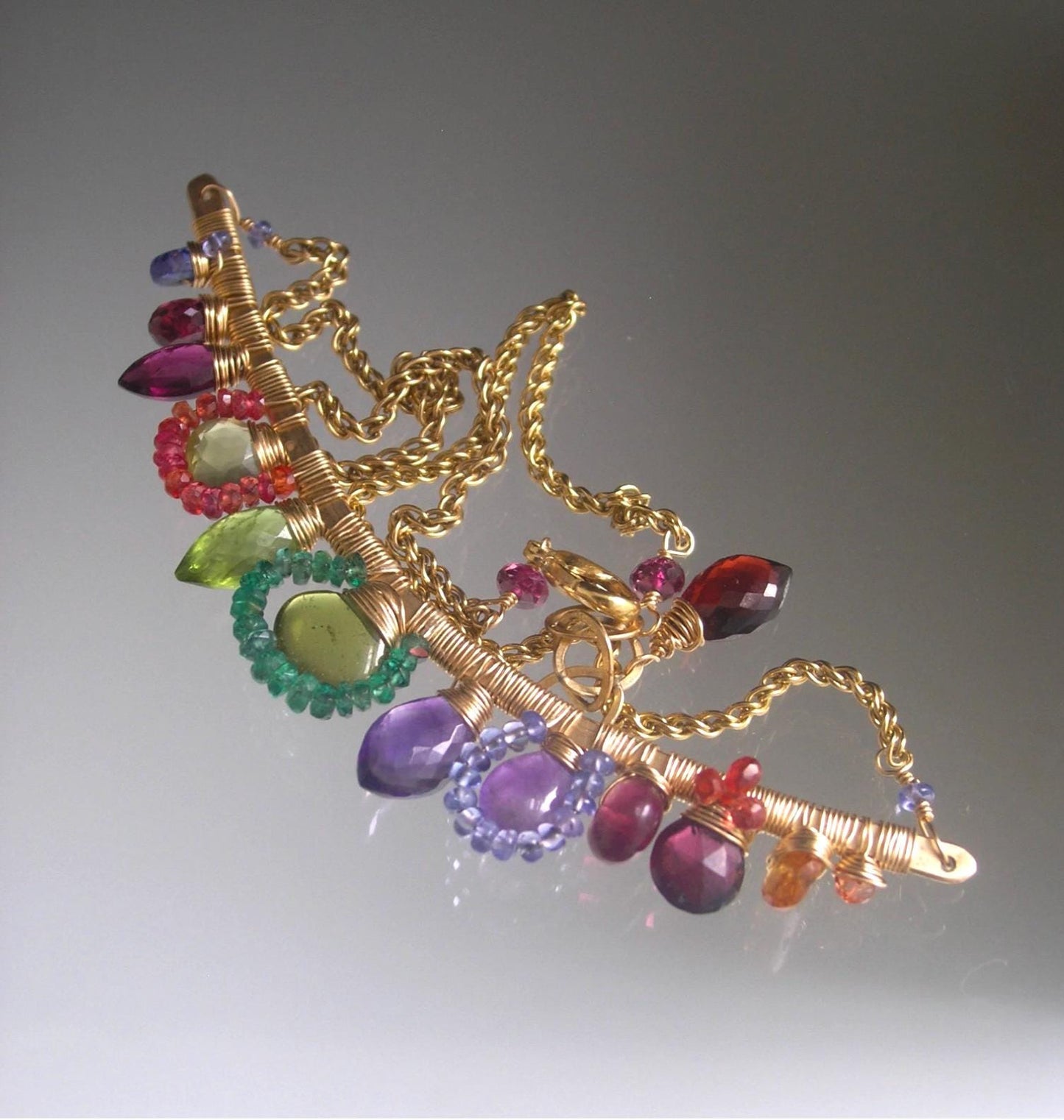 Multi Gemstone 14k Gold Filled Curved Bar Garland Necklace