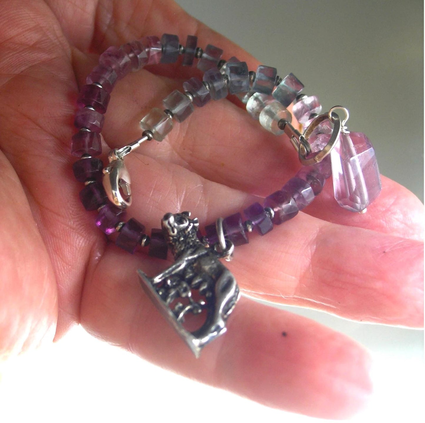Fluorite Bracelet w/ Vintage Sterling Romulus & Remus Wolf Charm