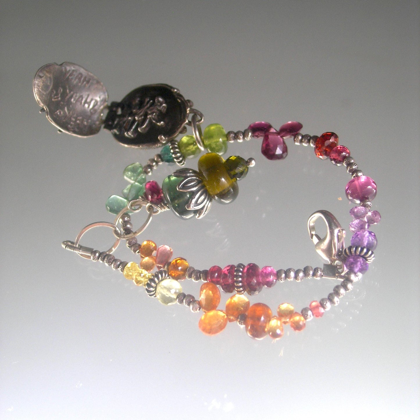 Multi Gemstone Sterling Bracelet w/ Vintage Beatles Charm Opens to the Fab Four