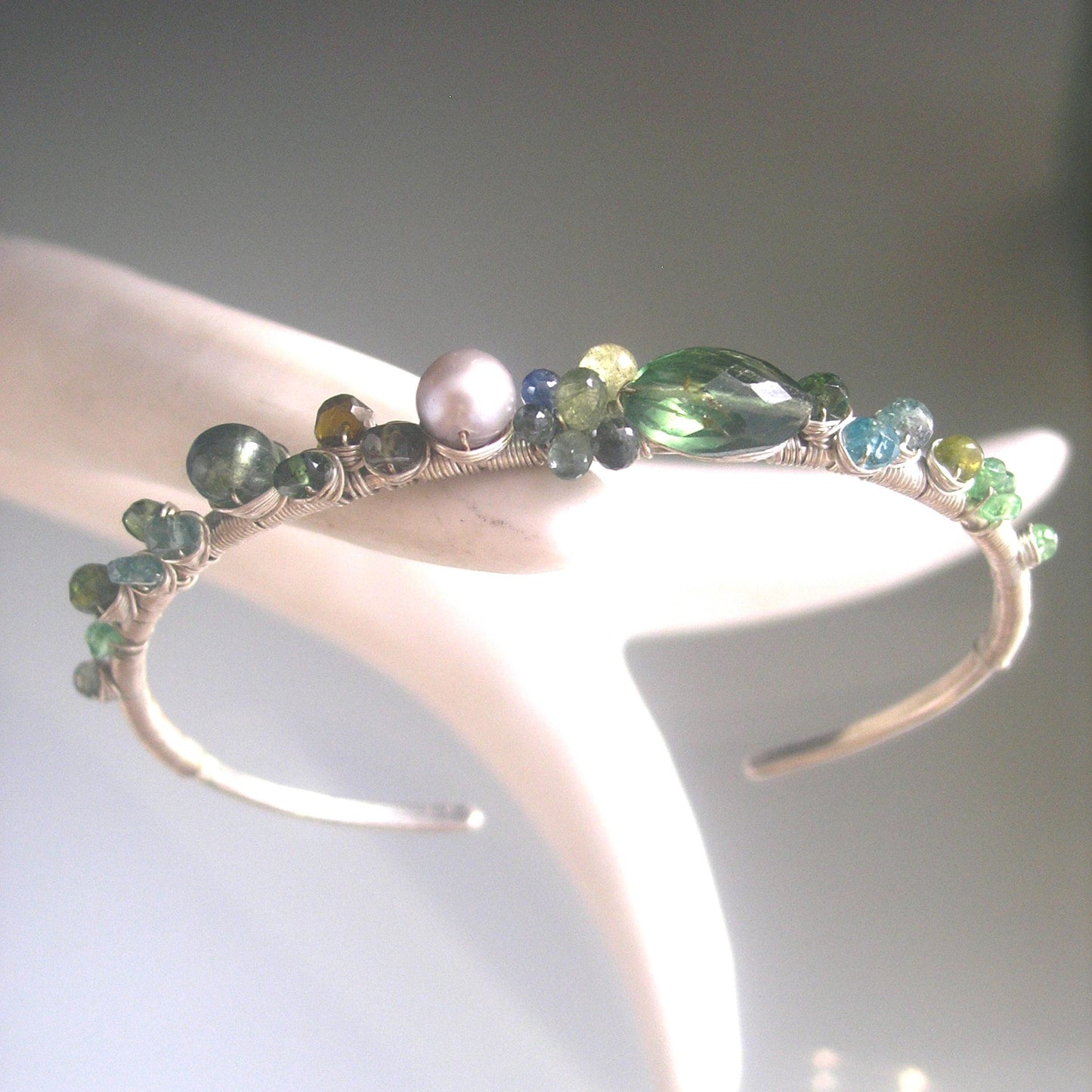 Green Sapphires Apatite Sterling Hand Forged Cuff
