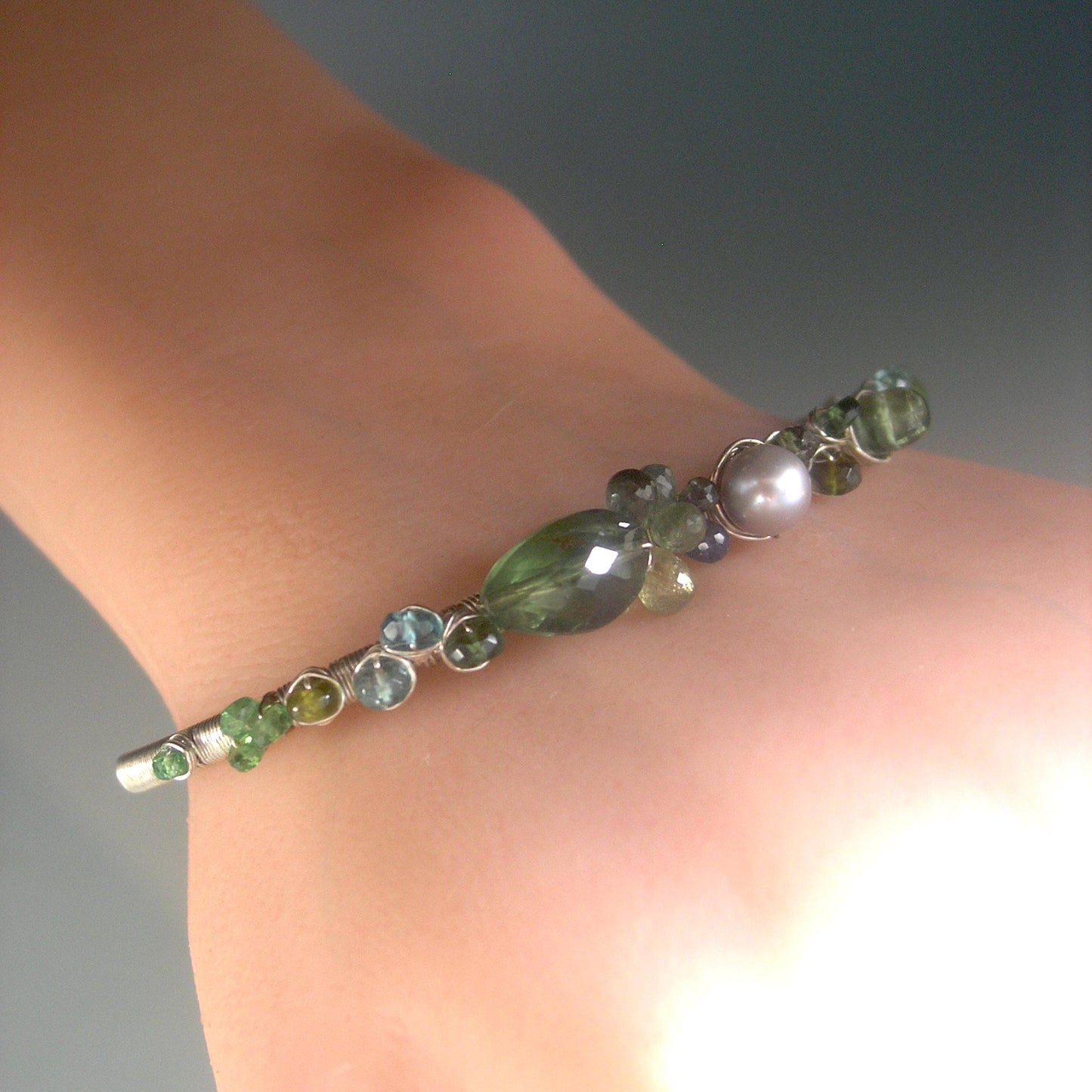 Green Sapphires Apatite Sterling Hand Forged Cuff