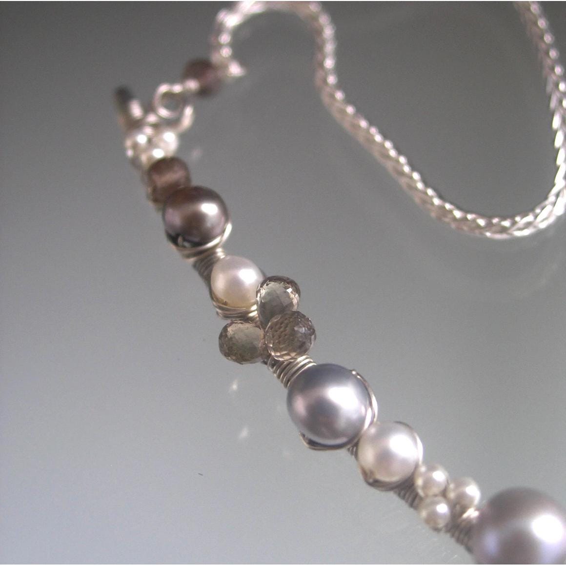 Sterling Silver Pearl Bar Necklace w/ Sapphires