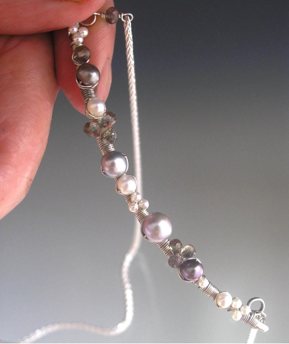 Sterling Silver Pearl Bar Necklace w/ Sapphires