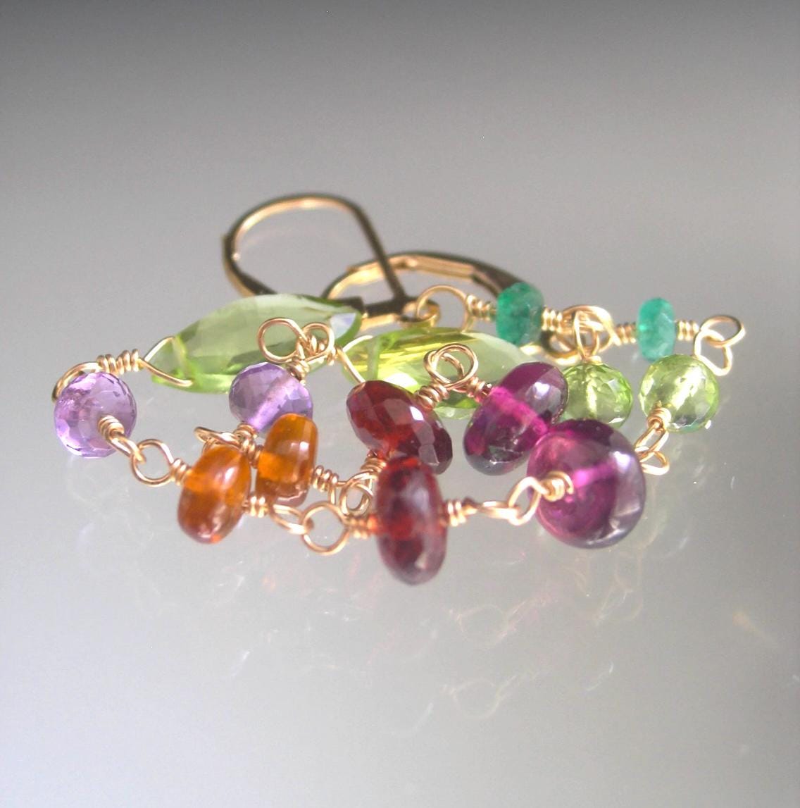 Multi Gemstone Linear Linked Earring Lever Backs 3 3/4”