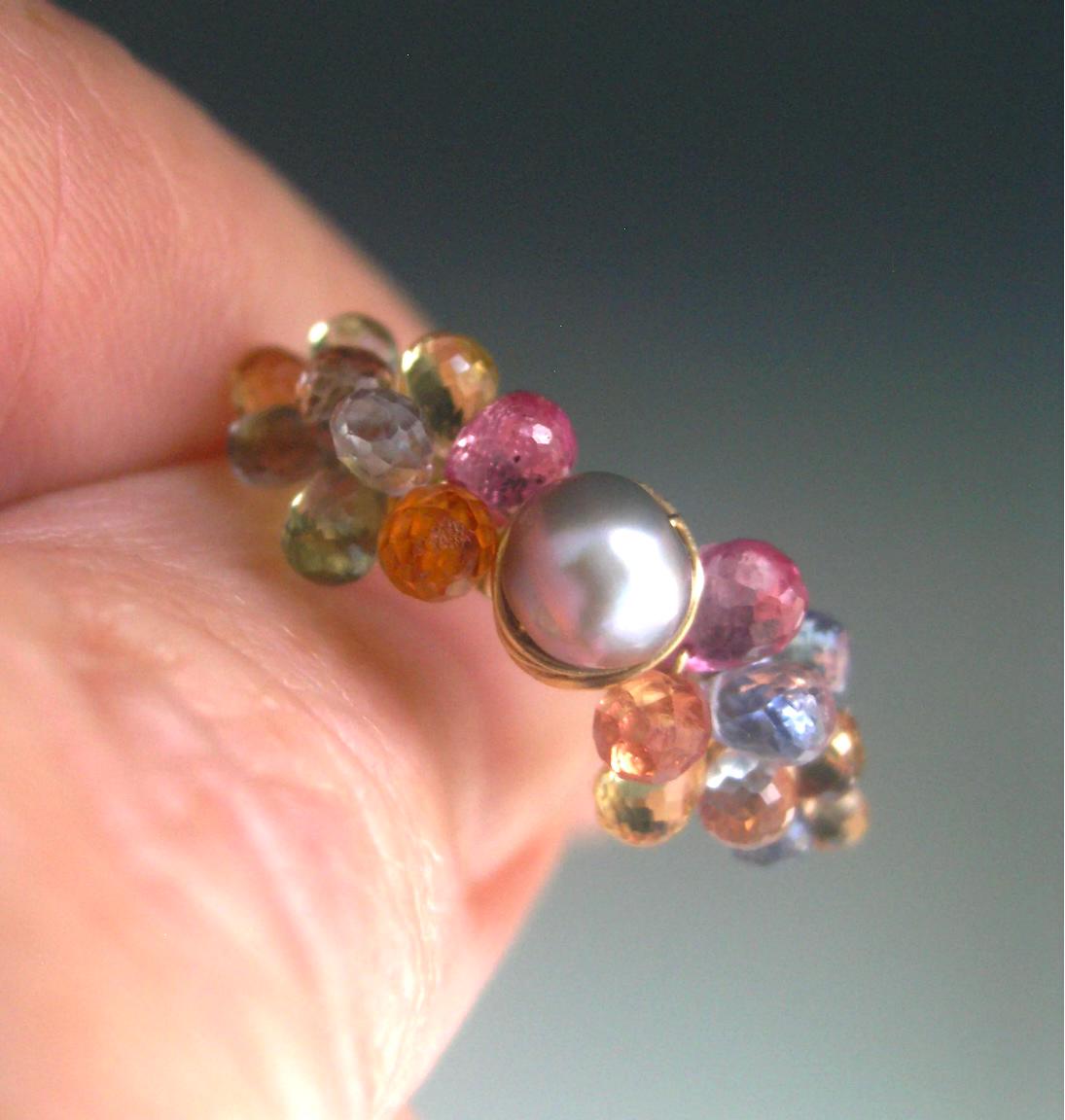Sapphire Encrusted Pearl 14k Gold Filled Ring Size 5