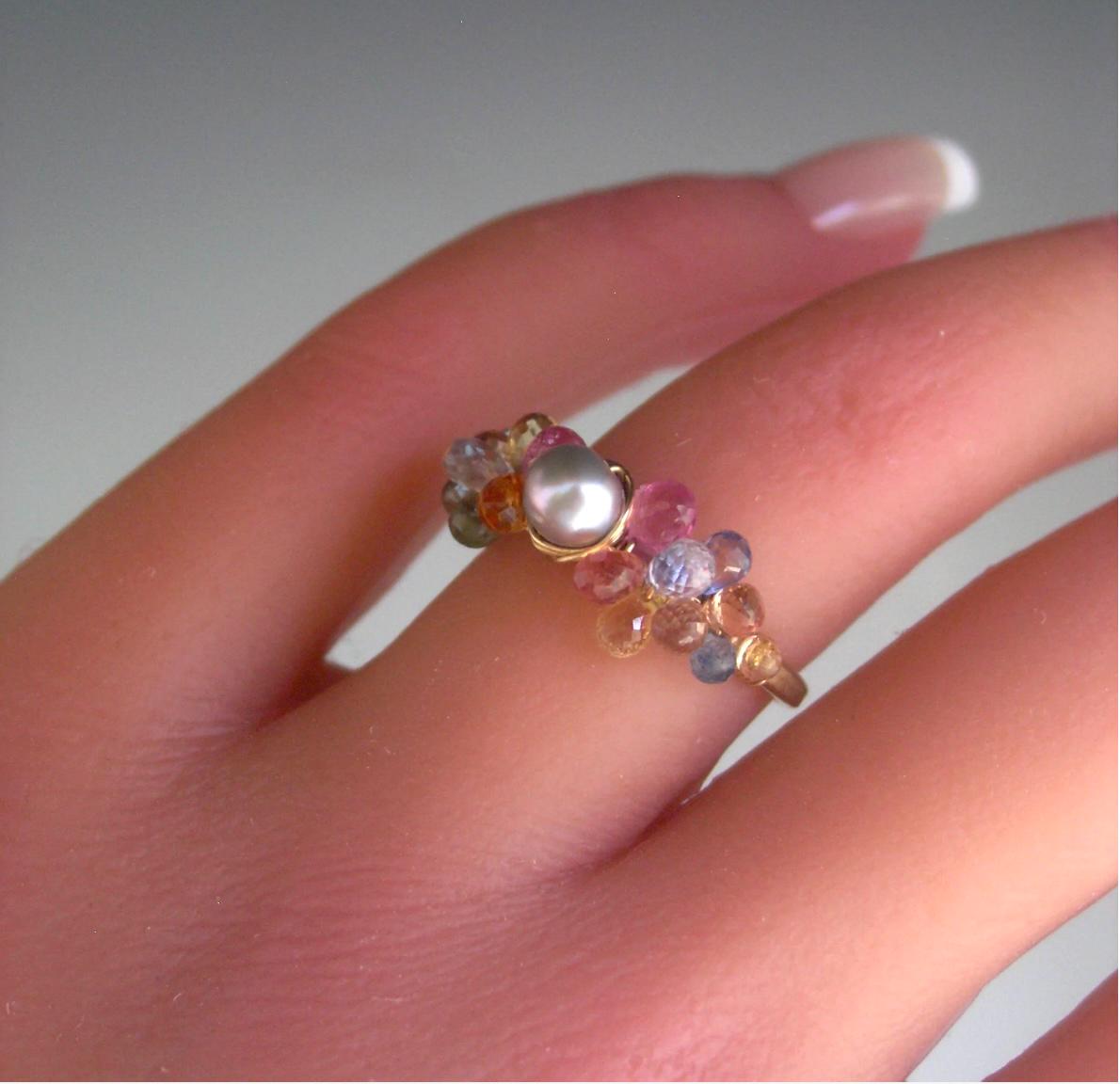 Sapphire Encrusted Pearl 14k Gold Filled Ring Size 5