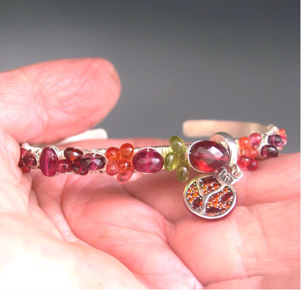 Garnet Sapphire Sterling Cuff w/ Pomegranate Charm