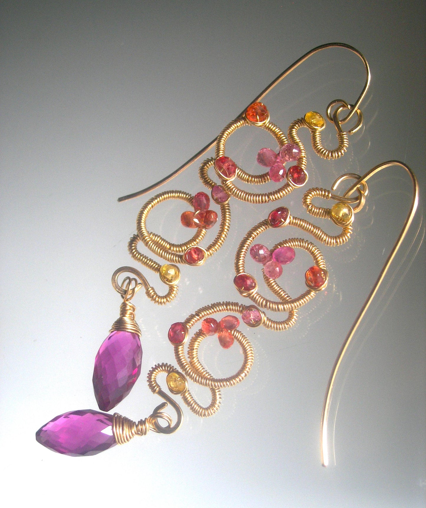 14k Gold Filled Pink Sapphire Sculptural Earrings 3 1/4”
