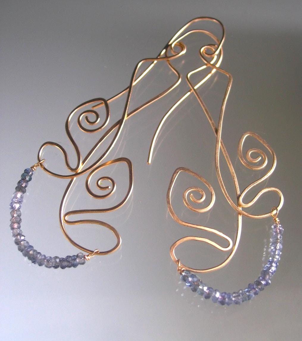 Sculptural 14k Gold Filled Gray Blue Sapphire Tribal Earrings