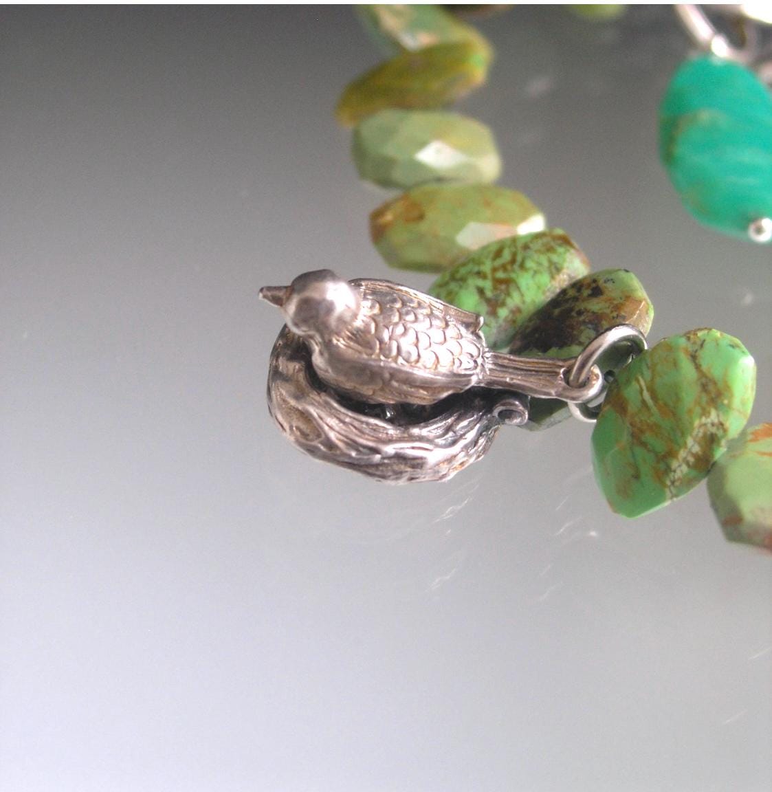 Green Turquoise Bracelet w/ Vintage Silver Movable Bird on Nest Charm