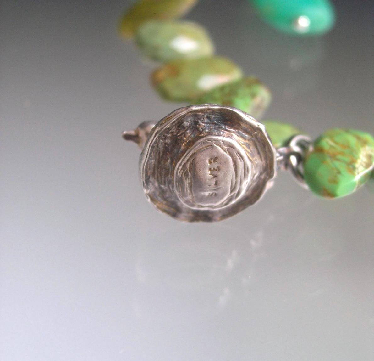 Green Turquoise Bracelet w/ Vintage Silver Movable Bird on Nest Charm