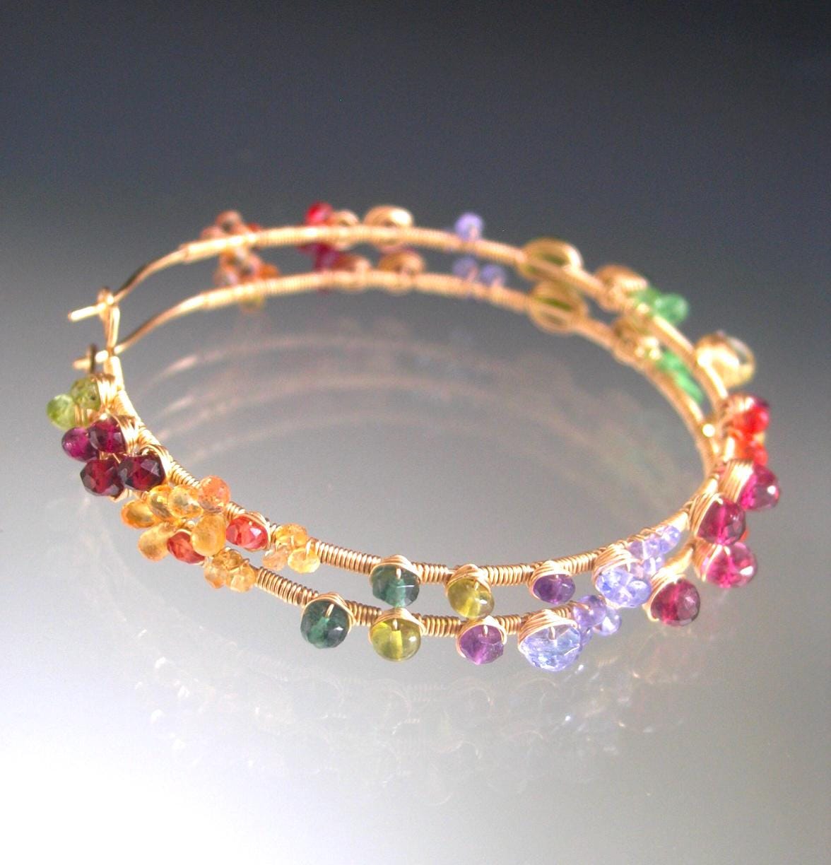 Rainbow Gemstone 14k Gold Filled Hoops 2 1/2”