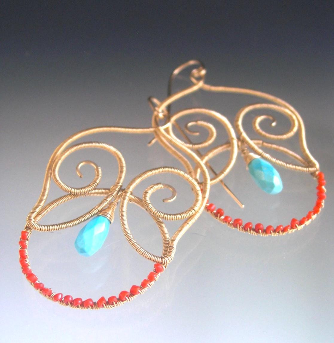 Turquoise 14k Gold Filled Sculptural Chandelier Earrings w/ Coral