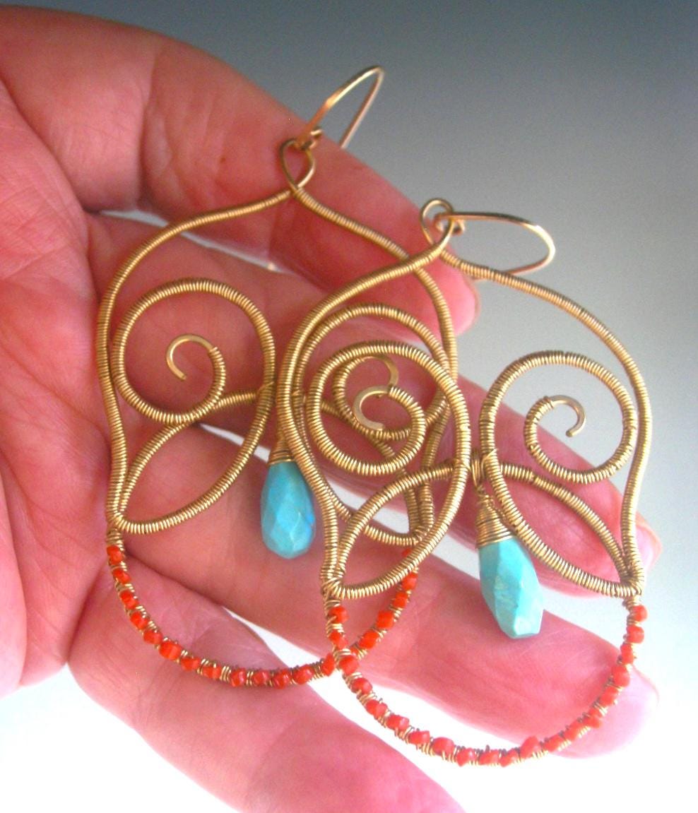 Turquoise 14k Gold Filled Sculptural Chandelier Earrings w/ Coral