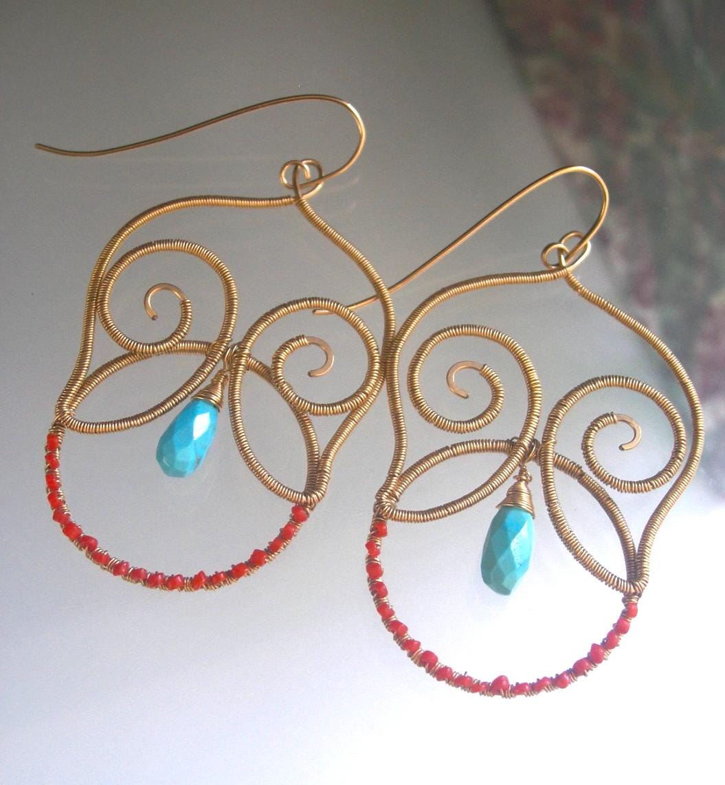 Turquoise 14k Gold Filled Sculptural Chandelier Earrings w/ Coral