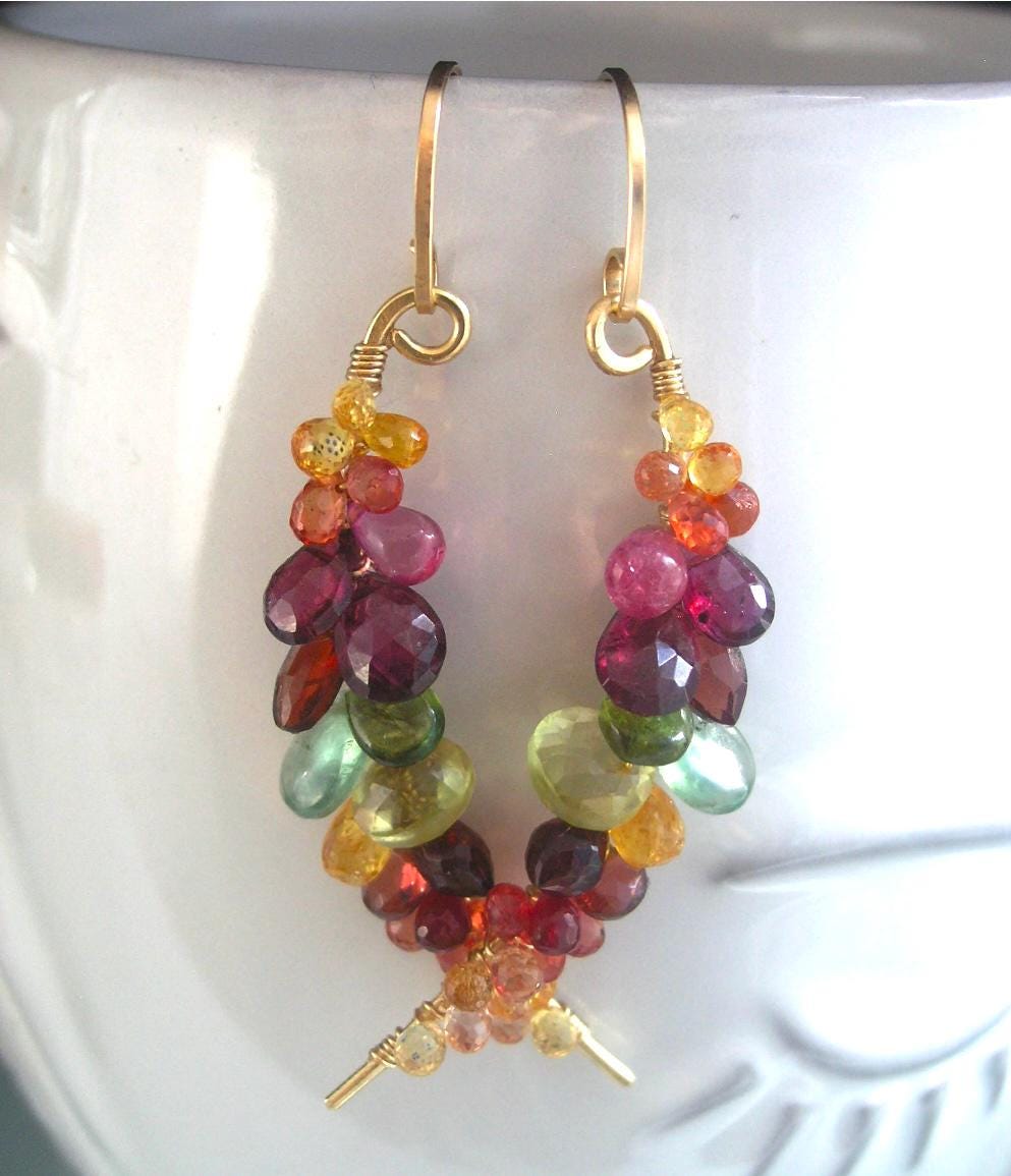 Multi Gemstone Encrusted Curved Earrings in 14k Gold Fill