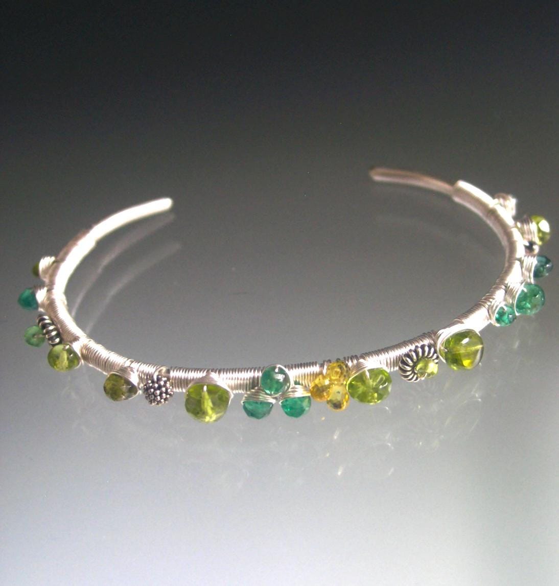 Multi Green Gemstone Sterling Cuff