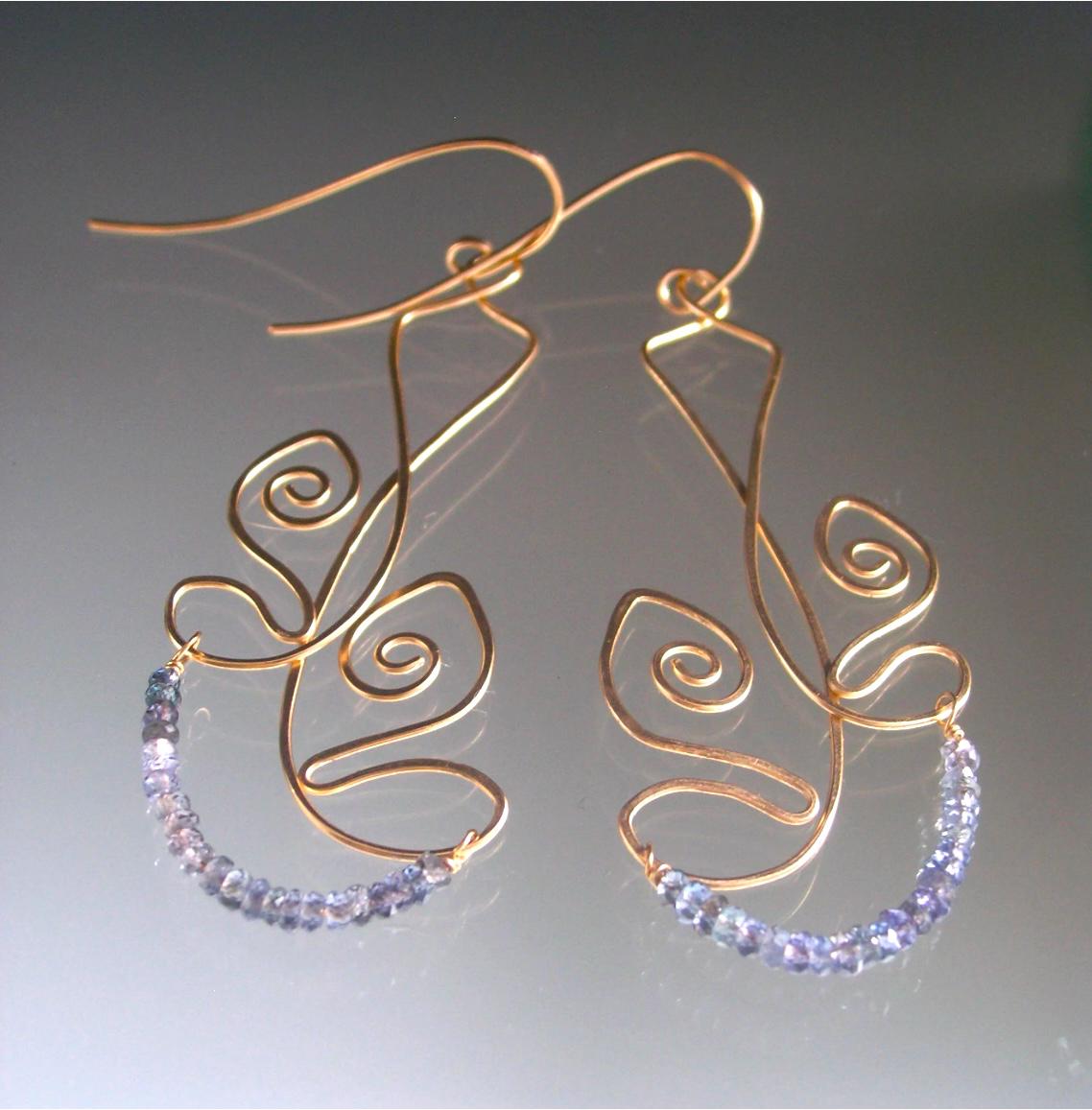 Sculptural 14k Gold Filled Gray Blue Sapphire Tribal Earrings