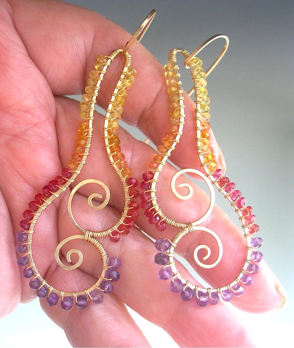 Sculptural Sapphire Amethyst 14k Gold Filled Earrings