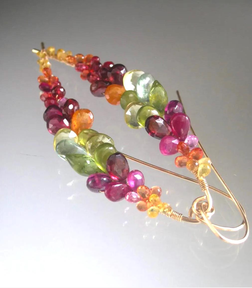 Long Multi Gemstone Earrings 14k Gold Filled Curved Earrings