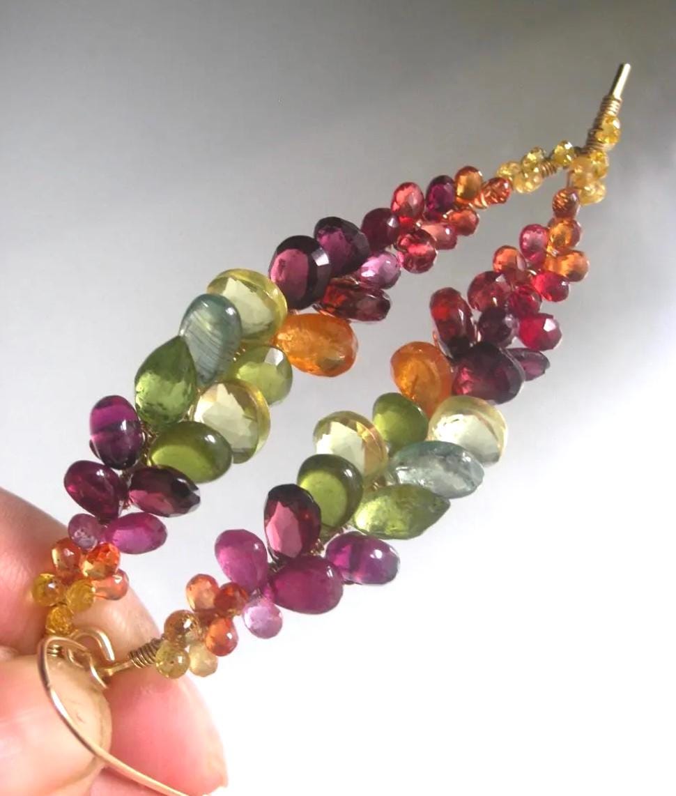 Long Multi Gemstone Earrings 14k Gold Filled Curved Earrings