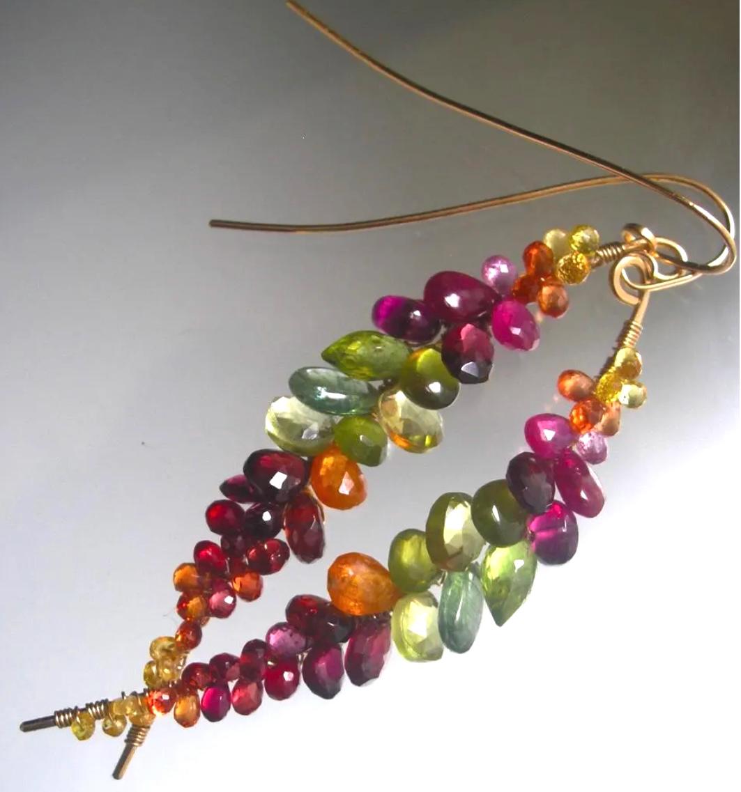Long Multi Gemstone Earrings 14k Gold Filled Curved Earrings