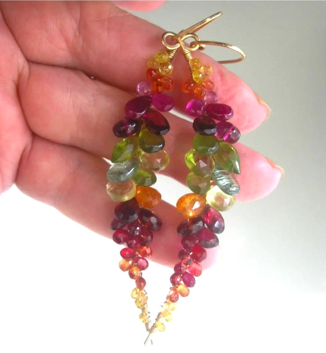 Long Multi Gemstone Earrings 14k Gold Filled Curved Earrings